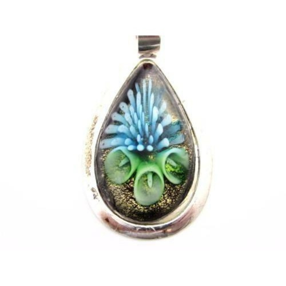 Marine Blue Spray‎ & Green Bell Flower Tear Drop Art Glass Silver Plate Pendant